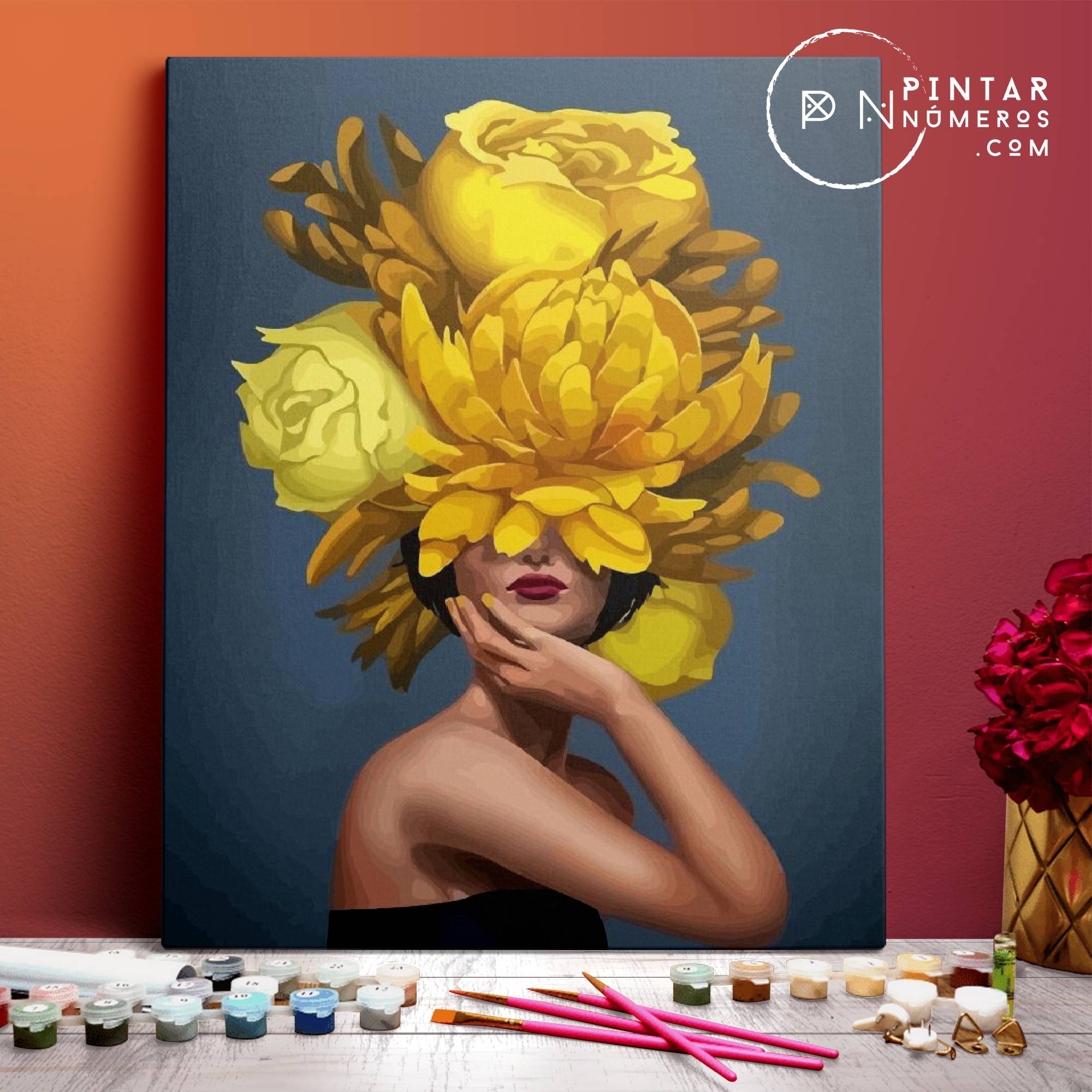 Frau mit gelber Blume – Pintar Numeros®