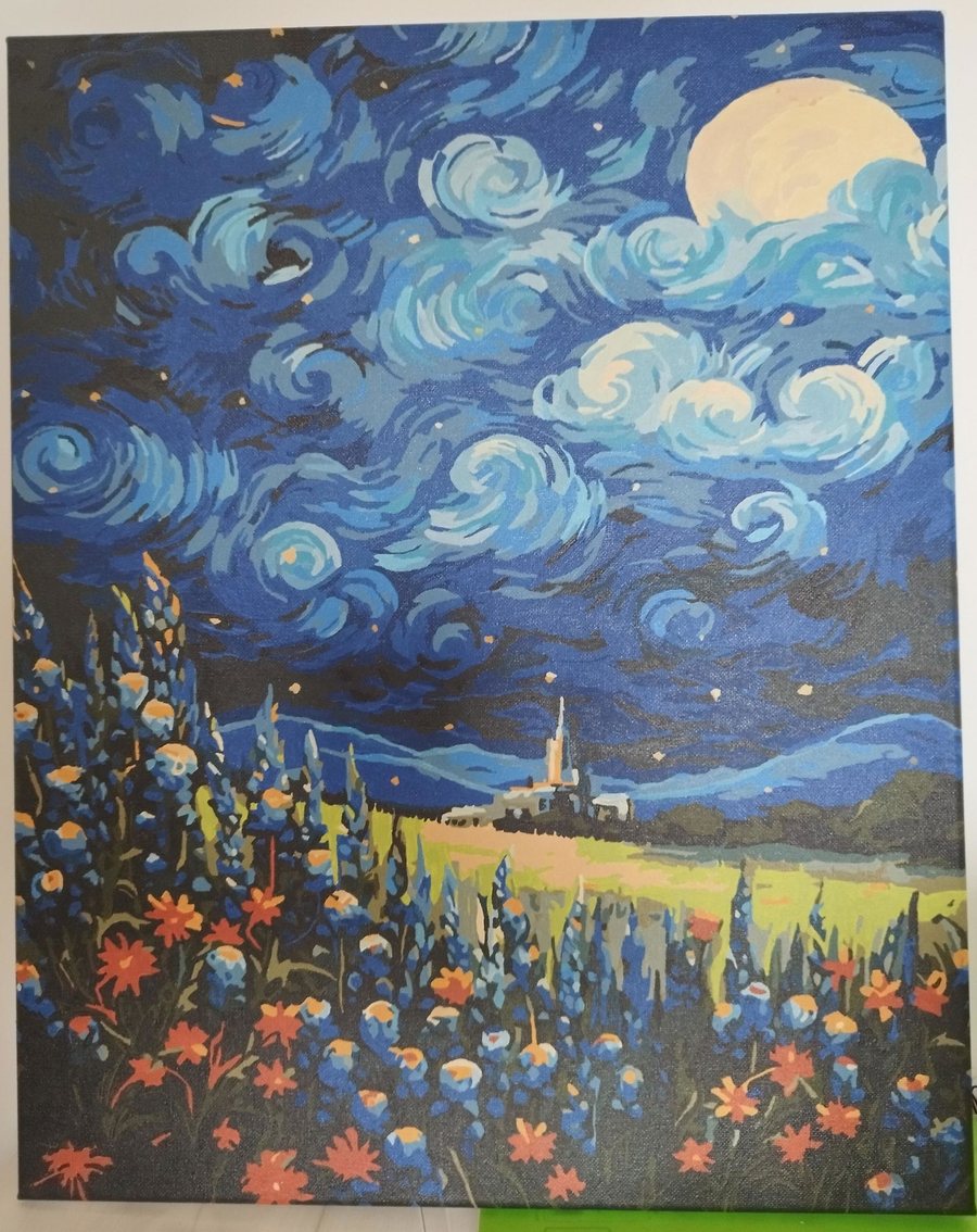 Paisaje nocturno estilo Van Gogh pintado por una clienta