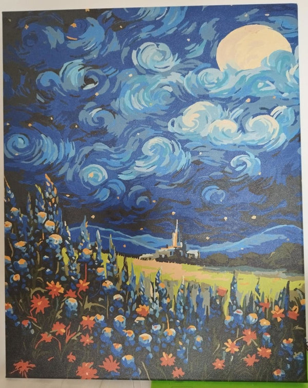 Paisaje nocturno estilo Van Gogh pintado por una clienta