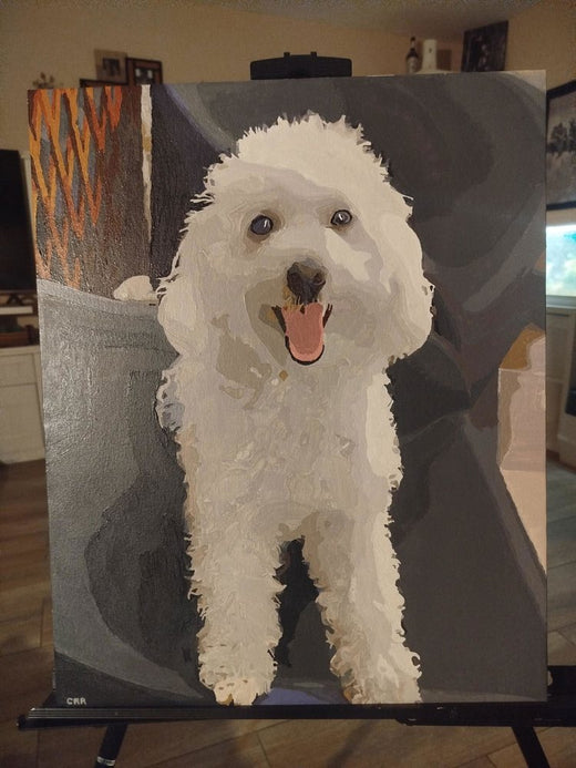 Cuadro personalizado de un caniche blanco pintado por una clienta
